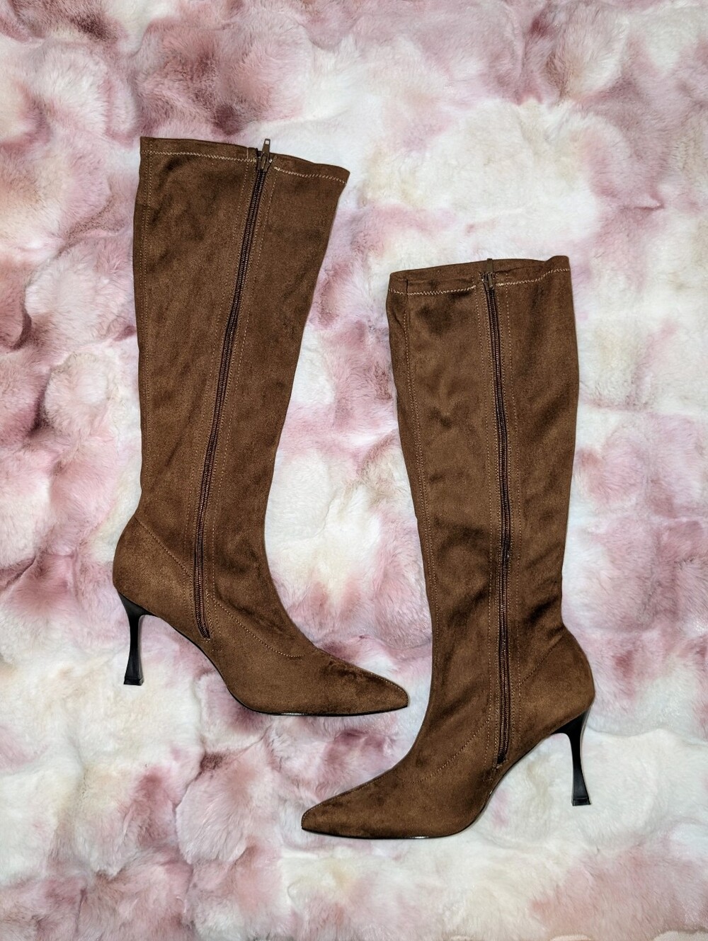 HOT Newbella Chestnut Brown Faux Suede Pointed Toe Kitten Heel Boots Size 9 NWOT